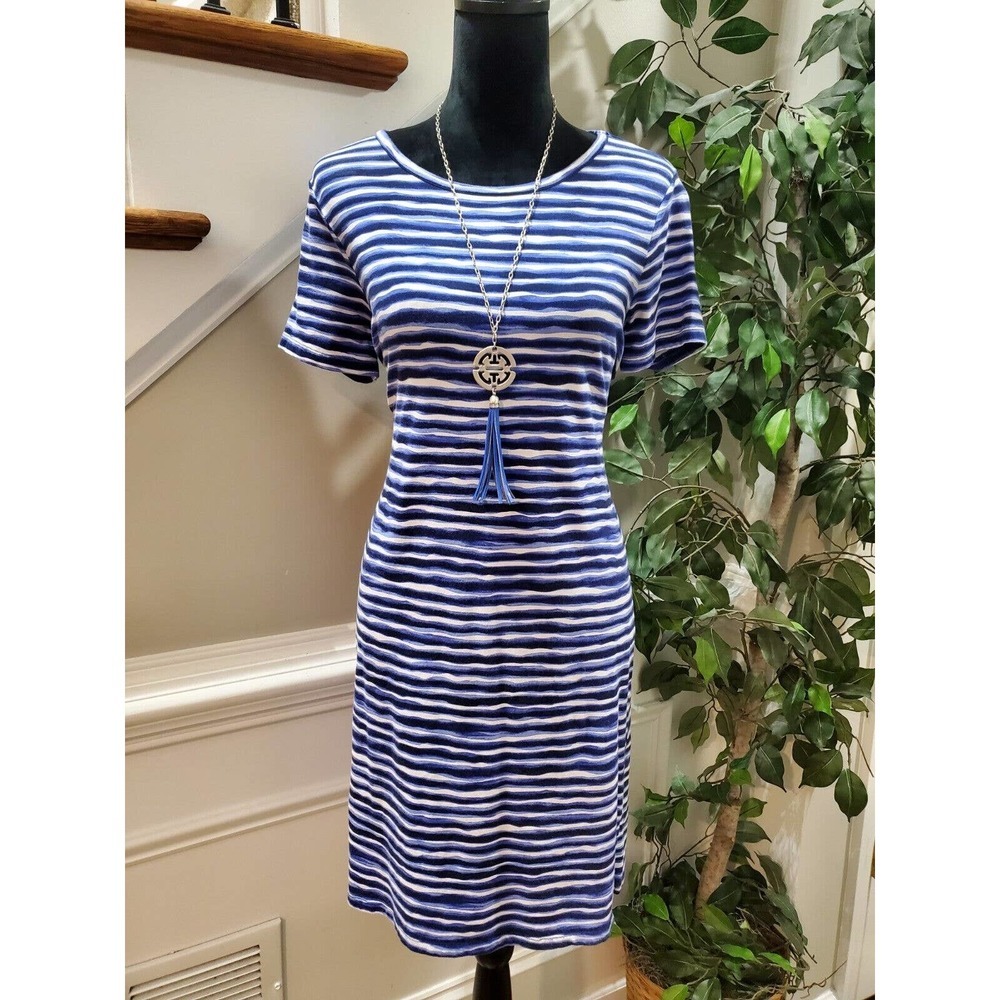 Michael‎ Kors Women Blue Striped 100% Cotton Short Sleeve Knee Length Dress